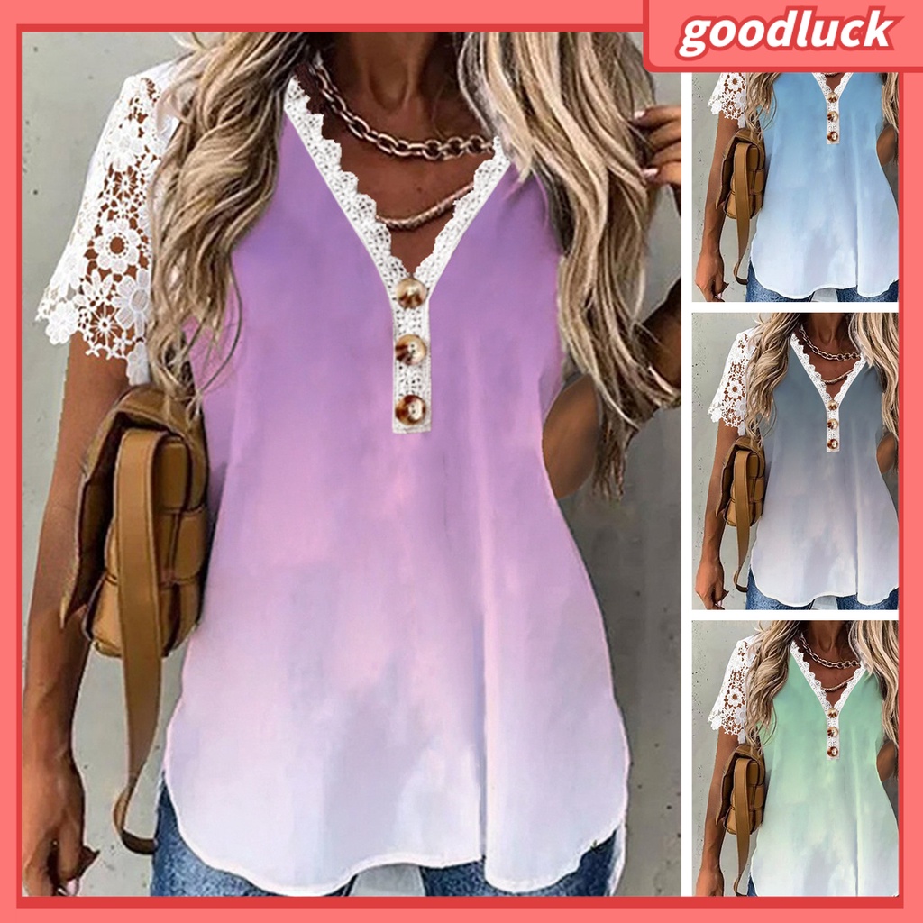 [ULK] Áo Sơ Mi Tay Ngắn Cổ Chữ V Phối Ren Màu Sắc Gradient Dành Cho Nữ Mặc Hàng Ngày