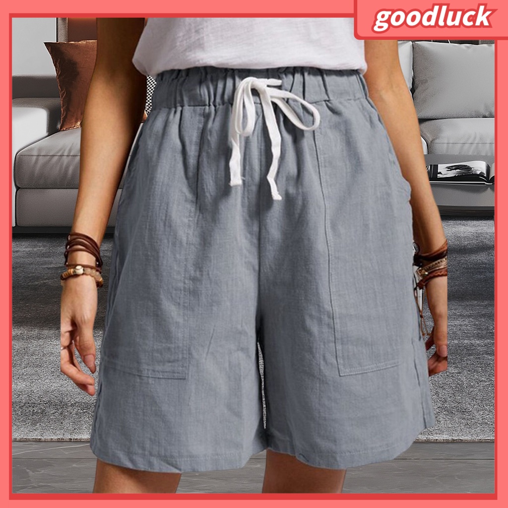 Quần ngắn ống rộng Lưng Thun Màu Trơn Phối Túi Lớn Thời Trang Đường Phố Mùa Hè
