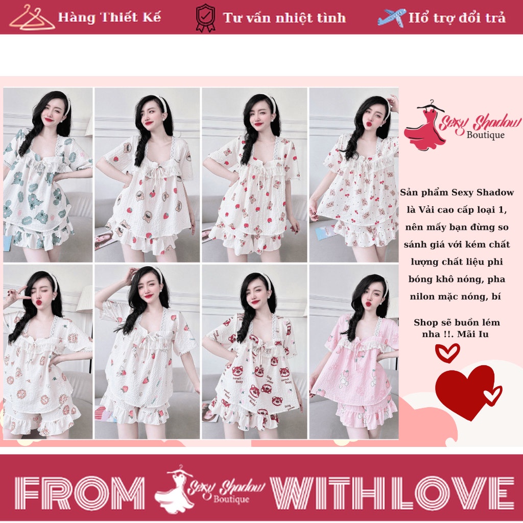 Size 75Kg - Bộ Đồ Ngủ Nữ Đũi Xốp Bí Nơ SEXY SHADOW Vải Đũi Xốp