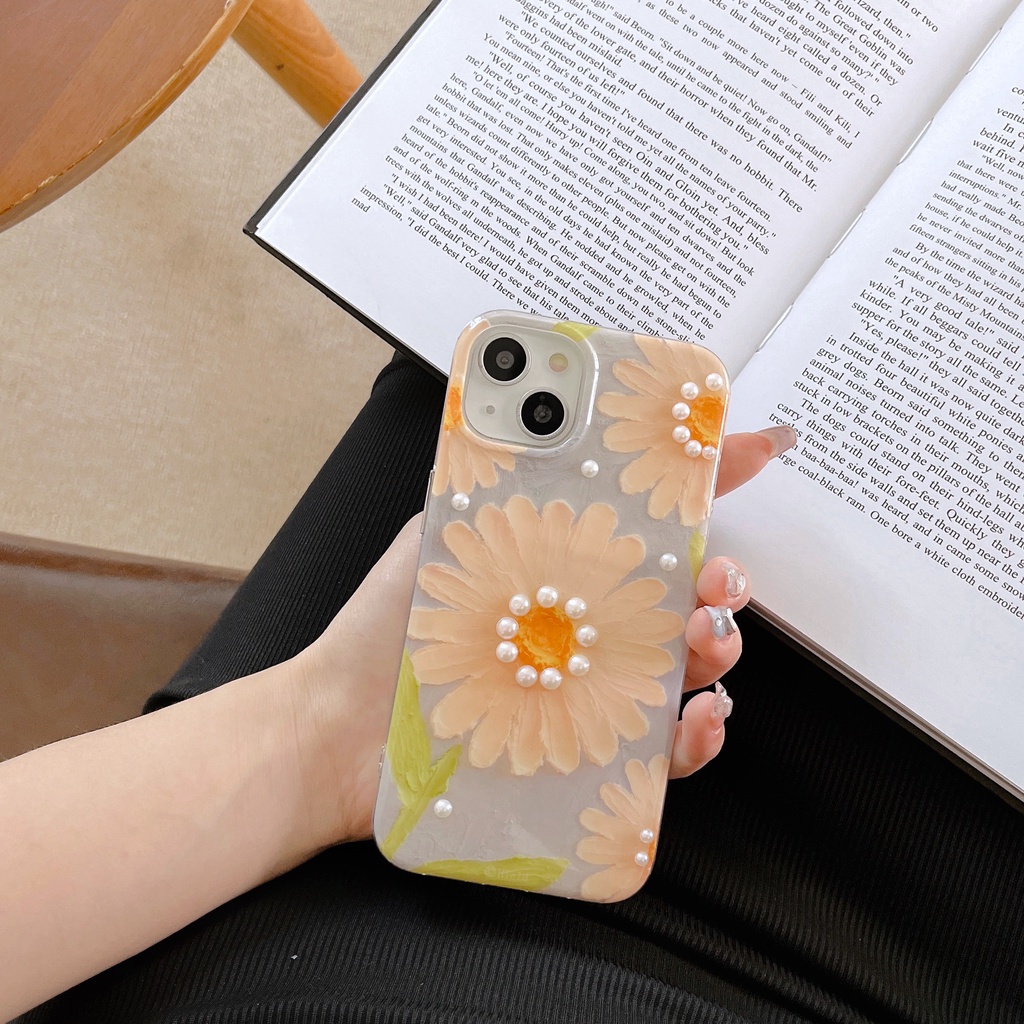 Ốp Điện Thoại IMD Hai Mặt Chống Sốc Họa Tiết Hoa Đính Ngọc Trai Cho Apple IPhone 14 13 12 11 Pro Max