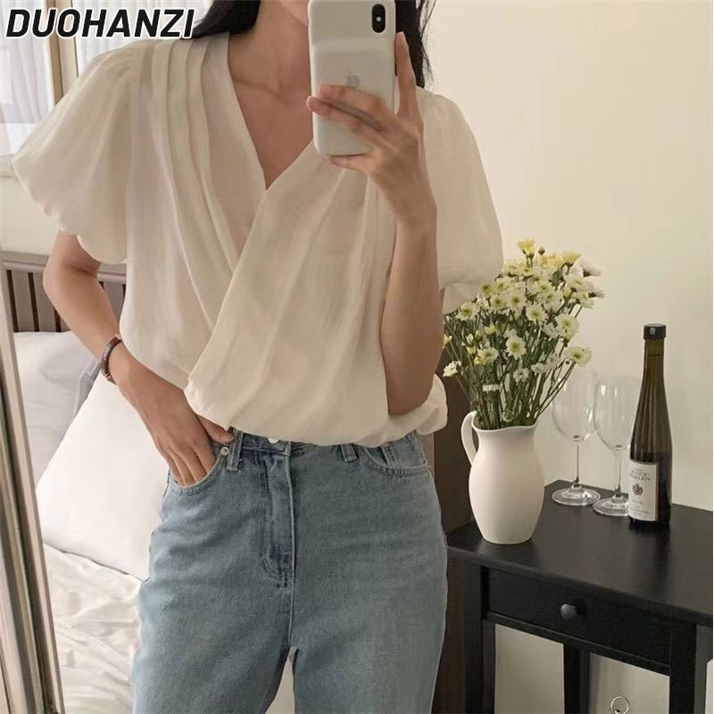 Áo Kiểu Tay Phồng Ngắn Cổ Chữ V Phong Cách Hàn Quốc Ngọt Ngào