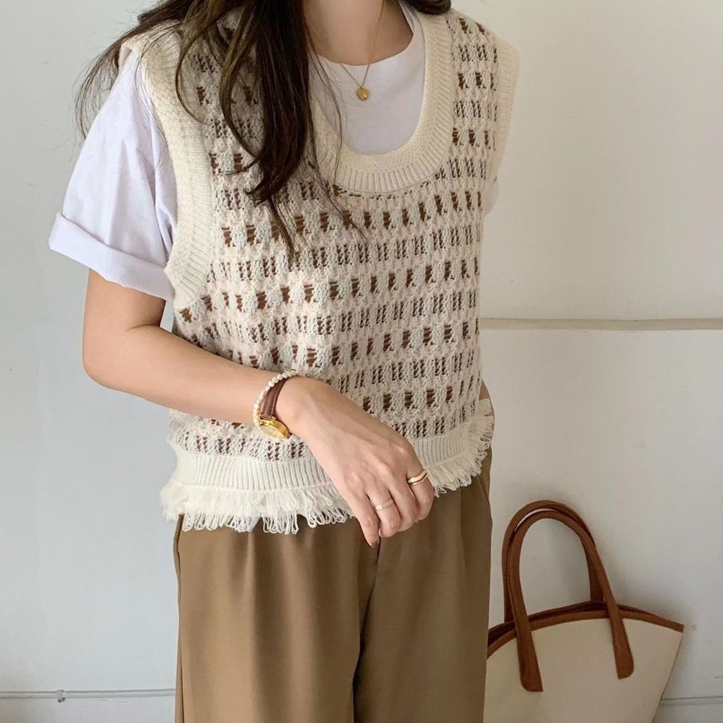 Áo Len Không Tay Họa Tiết Kẻ Sọc Thiết Kế Mới Thời Trang Mùa Thu Dành Cho Nữ