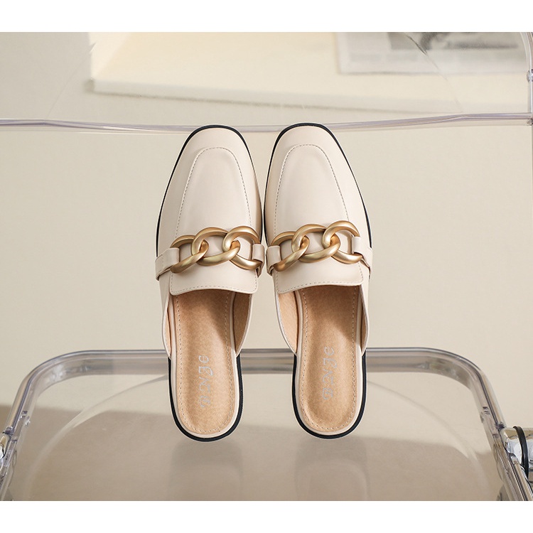 Dép Muller 2023 Mũi Vuông Đế Dày Phối Xích Kim Loại Phong Cách Hàn Quốc Mới Cho Nữ AA4229