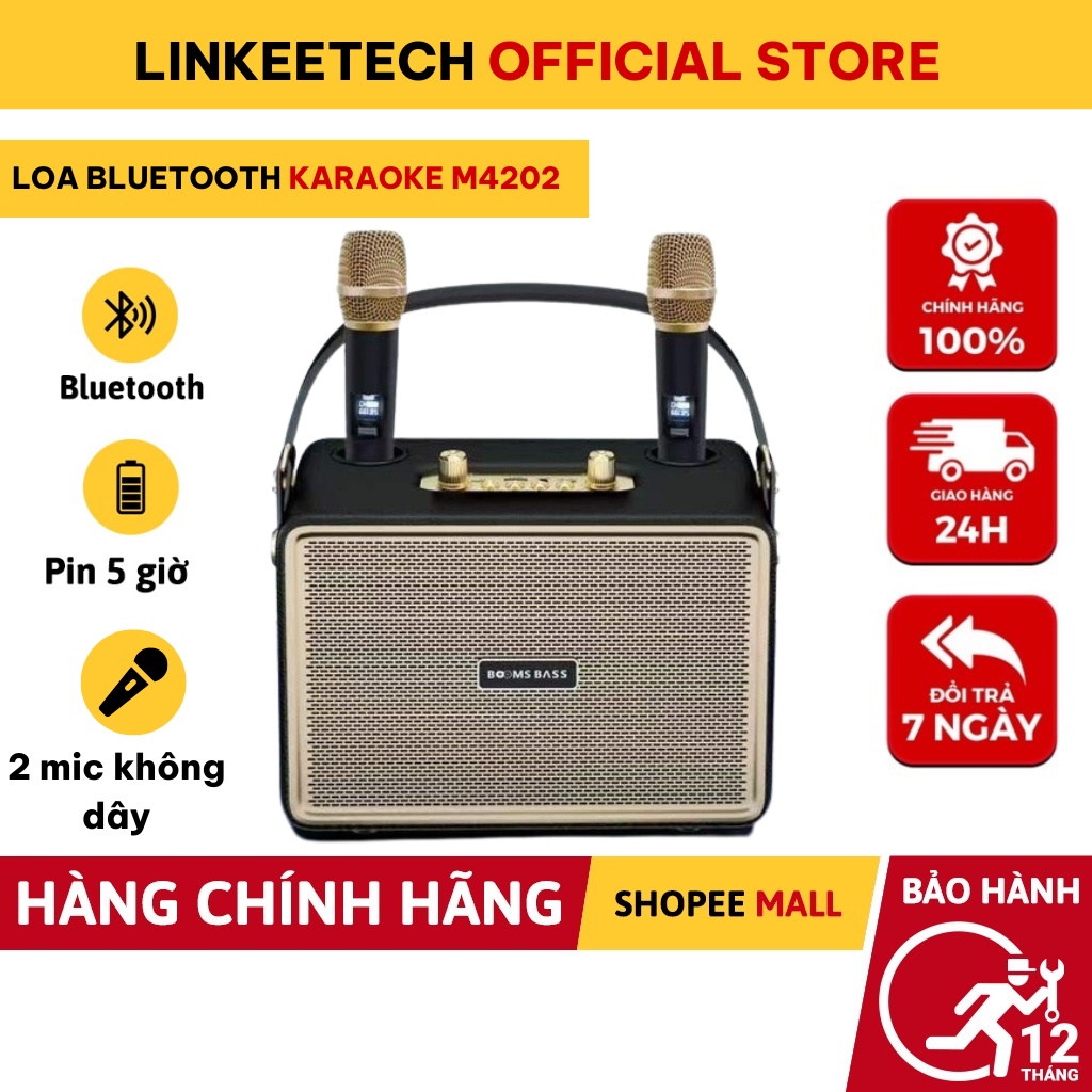 Loa bluetooth BoomBass M4202 kèm 2 micro không dây xách tay công xuất 20W, âm thanh trầm ấm, bass căng- Techzone mall
