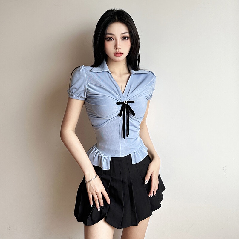 Kliou Áo Crop Top Tay Ngắn Cổ Chữ V Trang Trí Nơ Phong Cách Hàn Quốc Dễ Thương Thời Trang Mùa Hè 2023