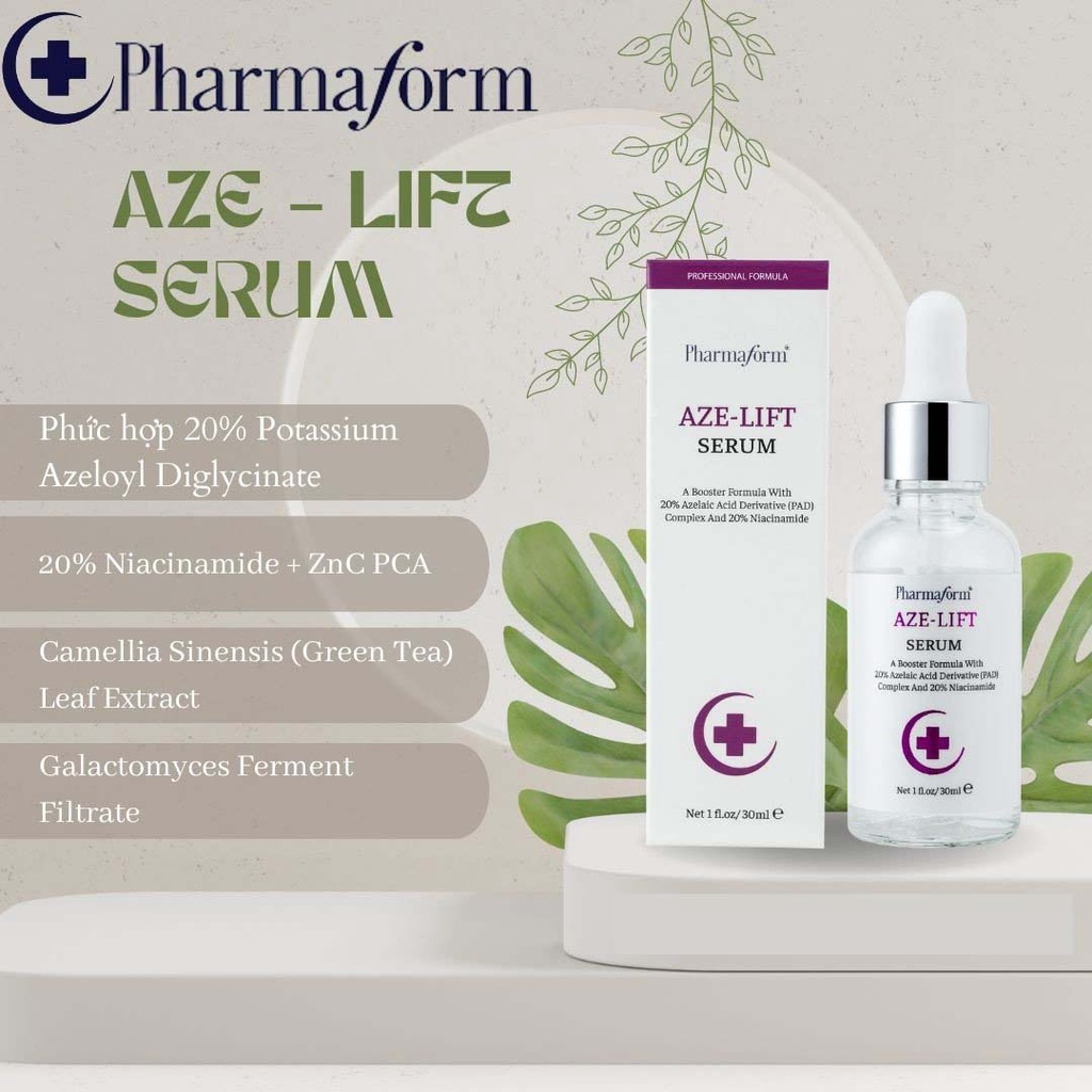 Serum Pharmaform Aze-Lift 20% Azelaic Acid, 20% Niacinamide giúp kiểm soát dầu, thu nhỏ lỗ chân lông, giảm mụn, thâm 30m