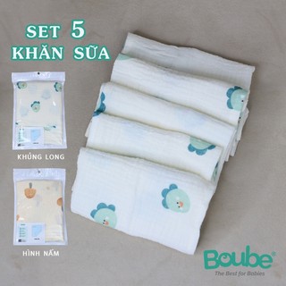Set 5 khăn sữa, khăn xô họa tiết dễ thương cho trẻ sơ sinh và trẻ nhỏ Boube - Chất liệu cotton mềm mịn, hút ẩm tốt