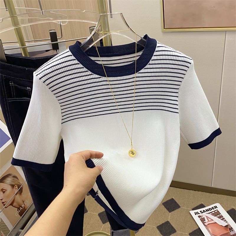 Áo Thun Tay Ngắn Cổ Tròn Họa Tiết Kẻ Sọc Thời Trang Mùa Hè Dễ Thương Cho Nữ