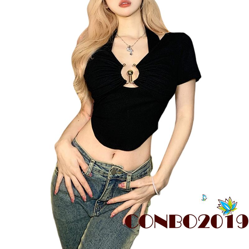 Áo Croptop Tay Ngắn Màu Sắc Đơn Giản Cho Nữ