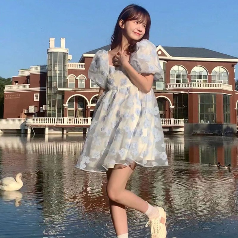 Đầm Công Chúa Tay Phồng Họa Tiết Hoa Nhỏ Xinh Xắn Phong Cách Pháp Thời Trang Cho Nữ