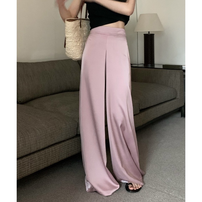 Quần Dài Ống Rộng Lưng Cao Vải Satin Thời Trang Mùa Hè Trẻ Trung