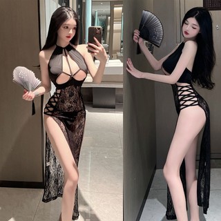 👗LILIS👗Đầm Ren Dáng Dài Xẻ Tà Cao Màu Đen Quyến Rũ Cho Nữ
