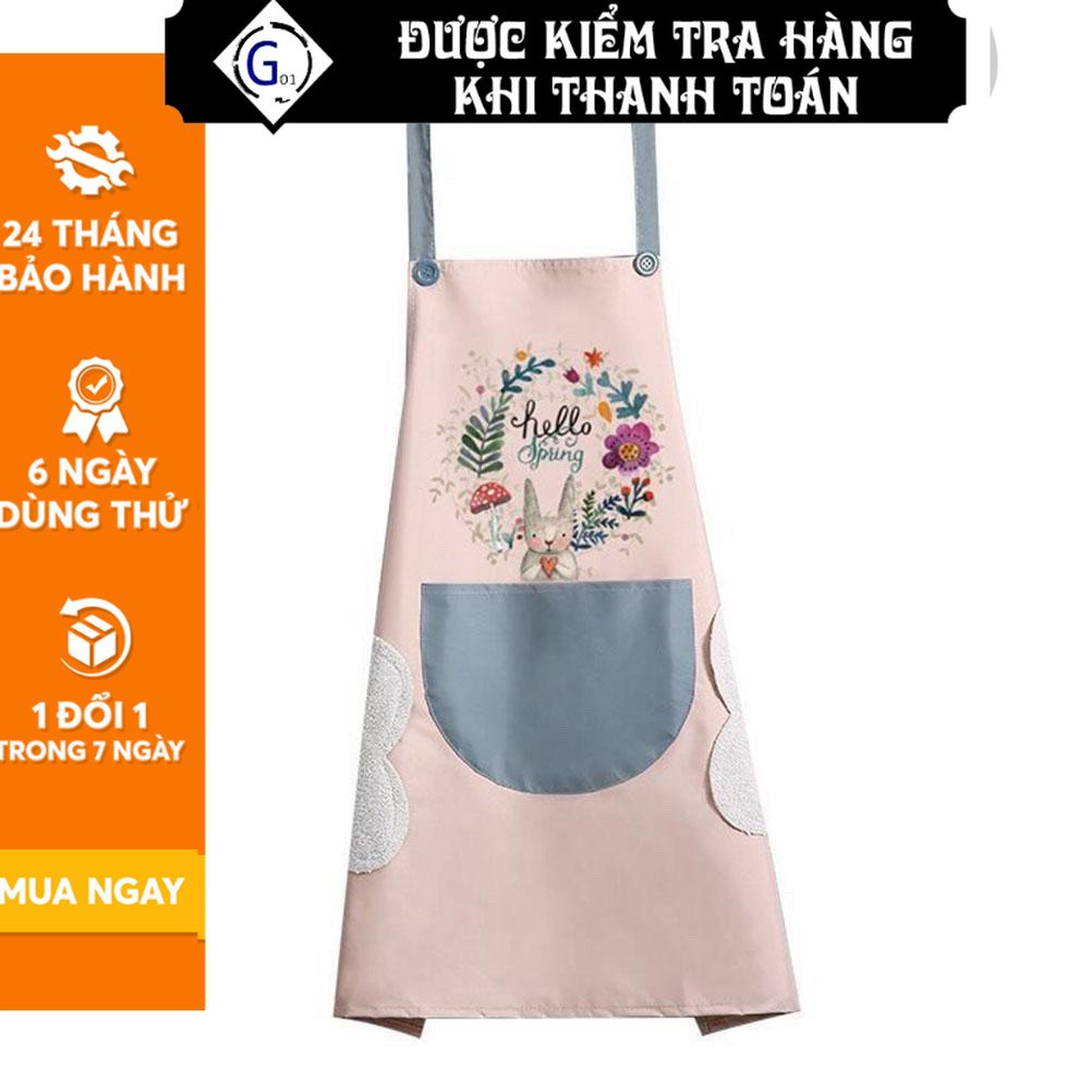 Tạp dề nấu ăn G01 có lau tay họa tiết hình hoa hình gấu kèm túi đựng điện thoại tiện lợi vải mịn đẹp mắt