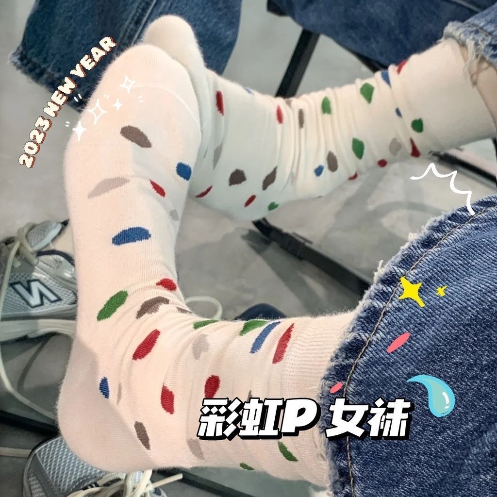 Vớ Cotton Cổ Vừa Họa Tiết Chấm Bi Phong Cách Hàn Quốc Thời Trang Xuân Thu Cho Nữ