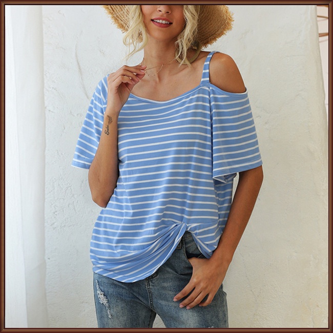 Áo Thun Tay Ngắn Trễ Vai Họa Tiết Kẻ Sọc Thời Trang Cho Nữ
