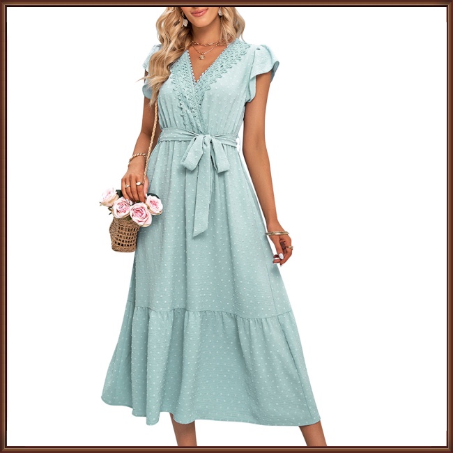 Đầm Tay Loe Cổ Chữ V Màu Sắc Thời Trang Dành Cho Nữ