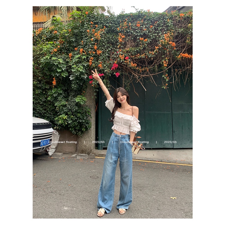 SUXI Áo Kiểu Tay Phồng Trễ Vai Màu Sắc Ngọt Ngào Thời Trang Mùa Hè