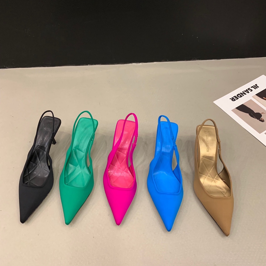 Xăng Đan Cao Gót Mũi Nhọn Vải satin Màu Đen Thời Trang Xuân Hè 2023 Cao Cấp