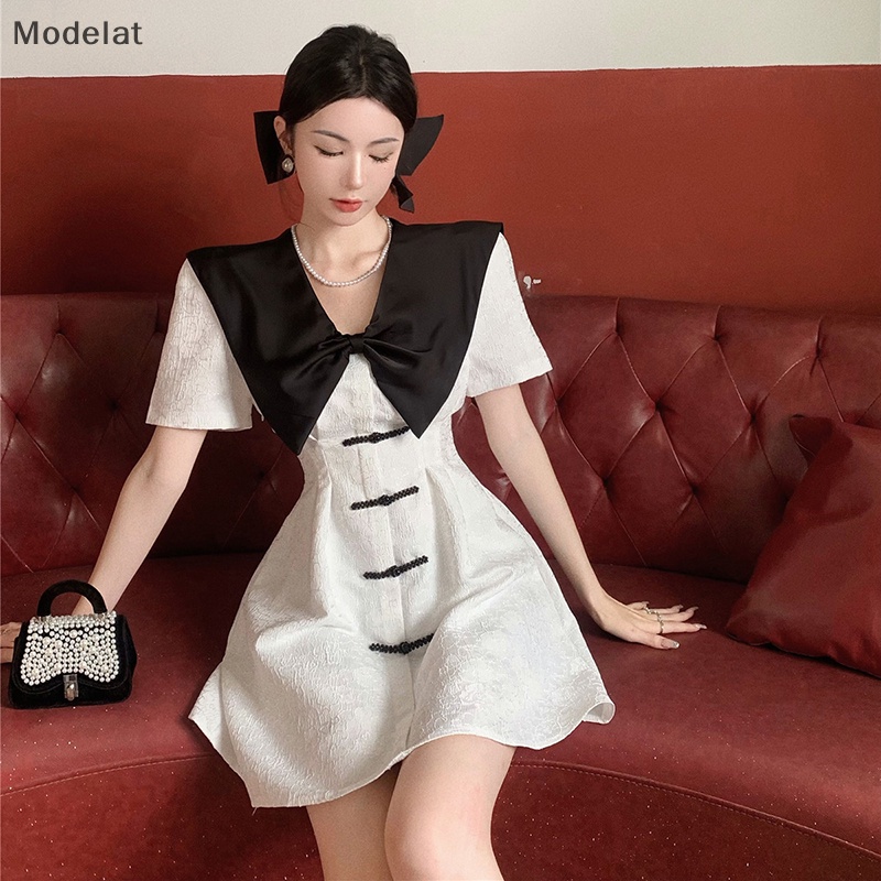 Mfc Đầm Mùa Hè Thắt Nơ Phong Cách Pháp Màu Sắc Tương Phản Cổ Áo Lớn Cho Nữ WTD