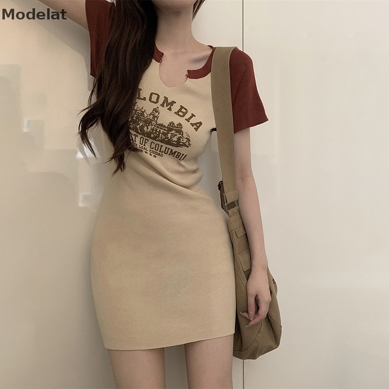 Đầm Thun Mùa Hè Tay Cộc Dáng Chữ A In Họa Tiết Chữ Cổ Điển Cho Nữ