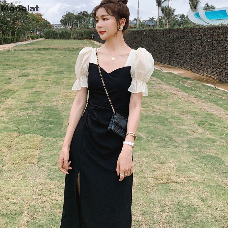 Đầm Đen Tay Ngắn Phong Cách Vintage Pháp Cho Nữ