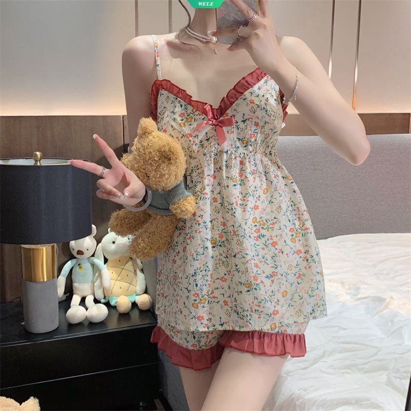 Bộ Đồ Ngủ Ngắn Hai Dây Họa Tiết Hoa Thời Trang Mùa Hè 2023 Phong Cách Hàn Quốc Cho Nữ