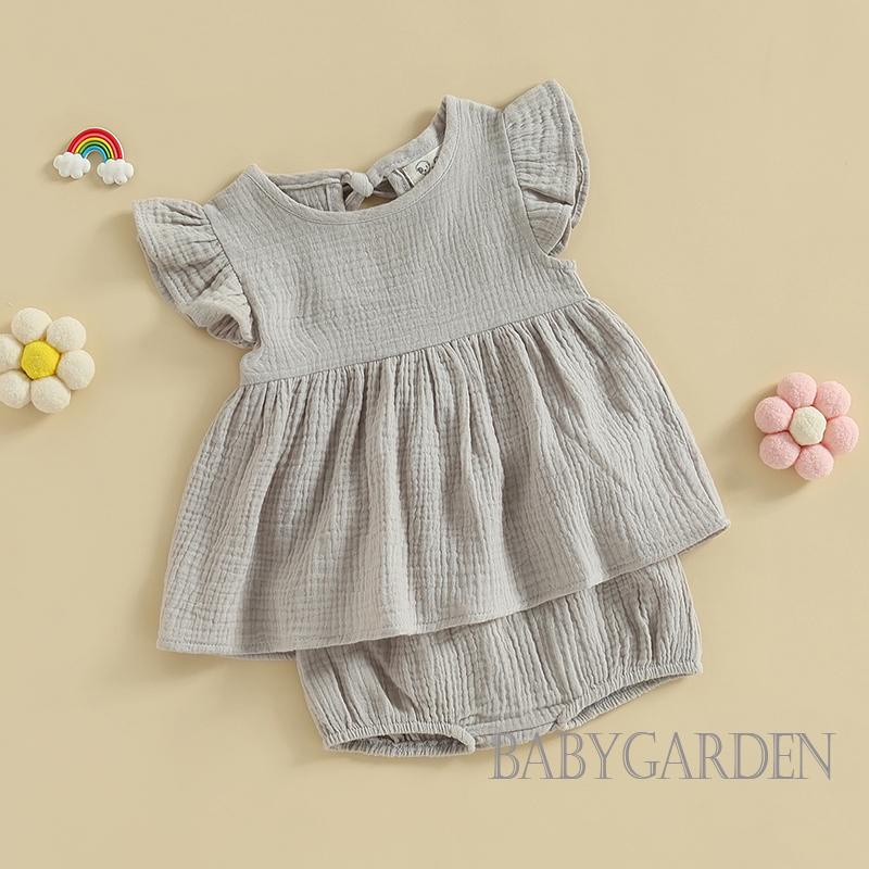 Set Áo Thun Tay Bèo Nhún Màu Trơn Phối Quần Short Lưng Thun Thời Trang Mùa Hè Cho Bé Gái 0-3 Tuổi