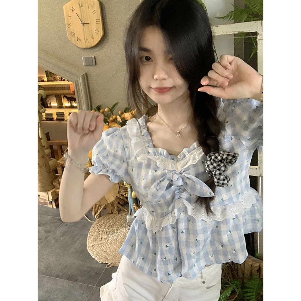 Áo Kiểu Cổ Vuông Họa Tiết Sọc Caro Đính Nơ Thời Trang Mùa Hè Cho Nữ