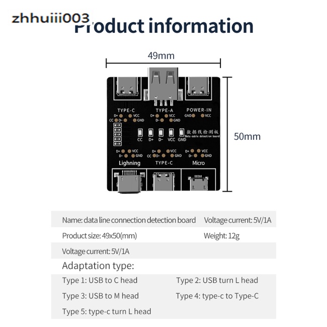 Bảng Mạch Kiểm Tra Cáp Dữ Liệu ZHIHUI Tương Thích Với Iphone Android Usb Type C