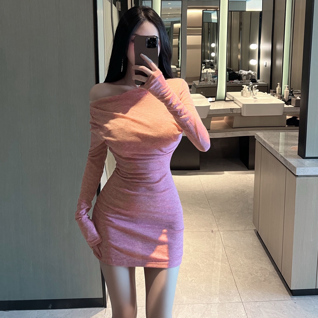 Đầm Ngắn Tay Dài Ôm Eo Một Đường Viền Gợi Cảm Phiên Bản Hàn Quốc Mùa Thu Mới Dành Cho Bạn Nữ