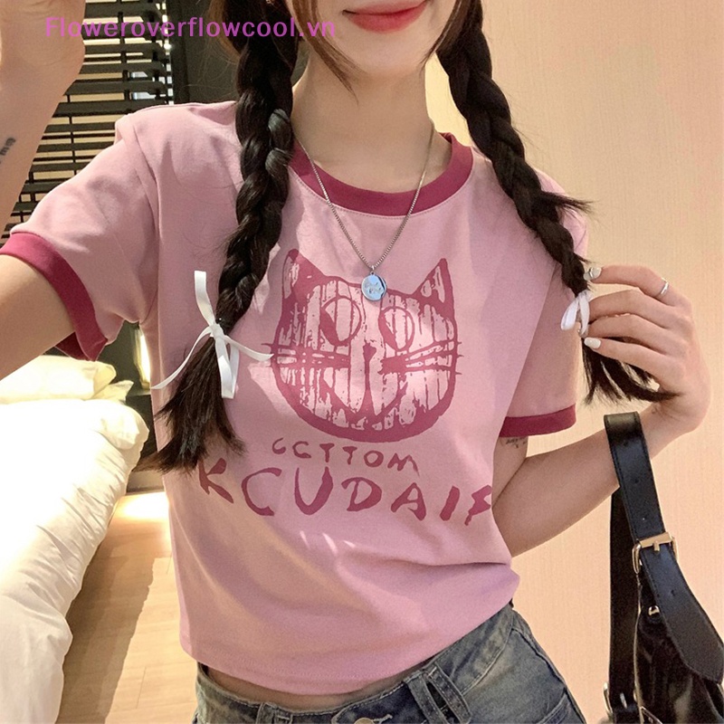 Áo Thun Croptop Tay Ngắn Cổ Tròn In Chữ Phối Màu Sắc Tương Phản Thời Trang Mùa Hè Xinh Xắn Cho Nữ