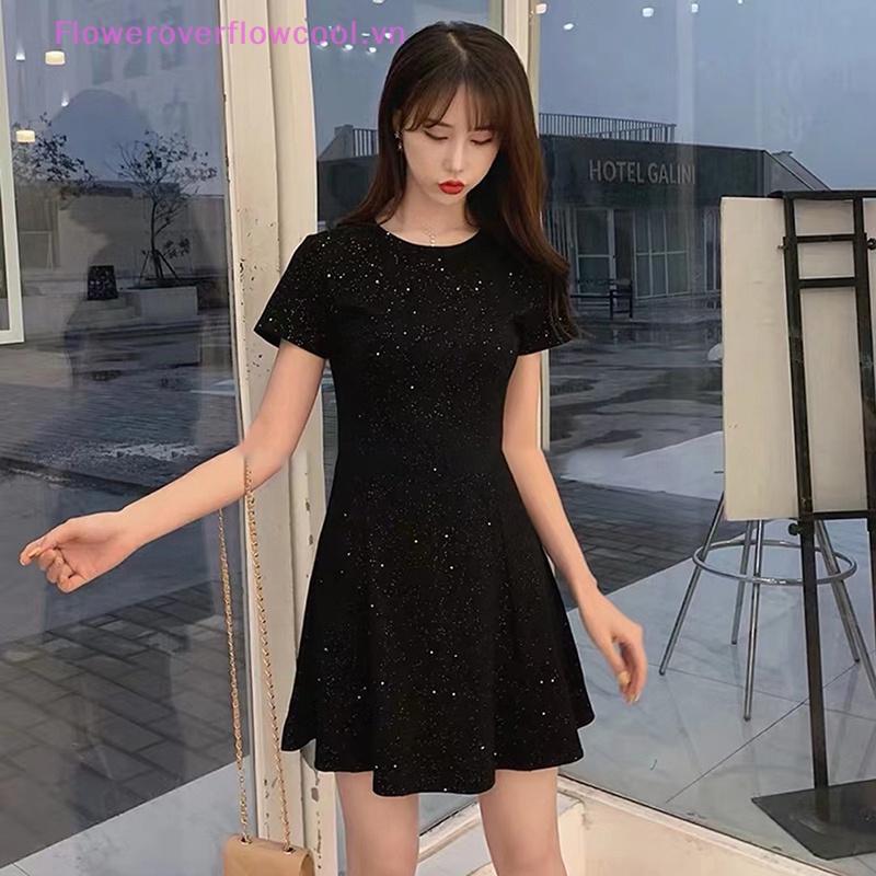 FOFC Black Sequins Sexy Dress for Women Fashion Short Sleeve O Neck Party Mini Dresses HOT