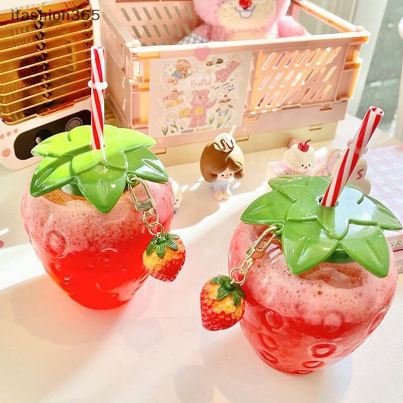 Bình Uống Nước 500ml Kèm Ống Hút Hình Trái Dâu Dễ Thương Dùng Trang Trí