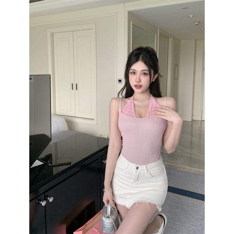 SUXI Áo Croptop Dệt Kim Phối Dây Màu Sắc Trẻ Trung