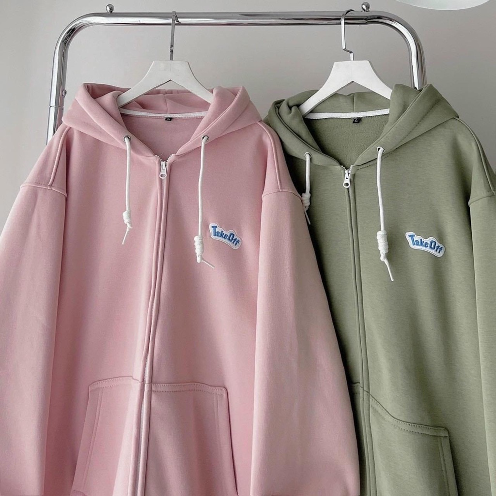 Áo khoác nỉ zipper dây kéo có nón in chữ take off form rộng unisex ulzzang nam nữ