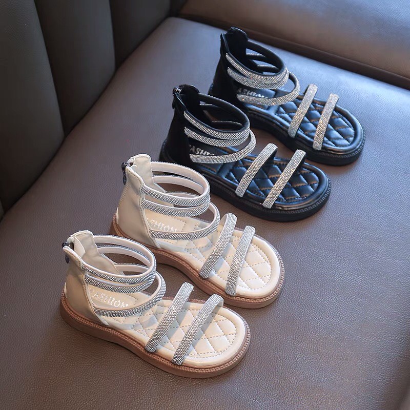 Sandal chiến binh có 5 quai ngang đính đá cho bé gái - Dép quai hậu cổ cao điệu đà thoáng mát cho bé đi học đi chơi F891