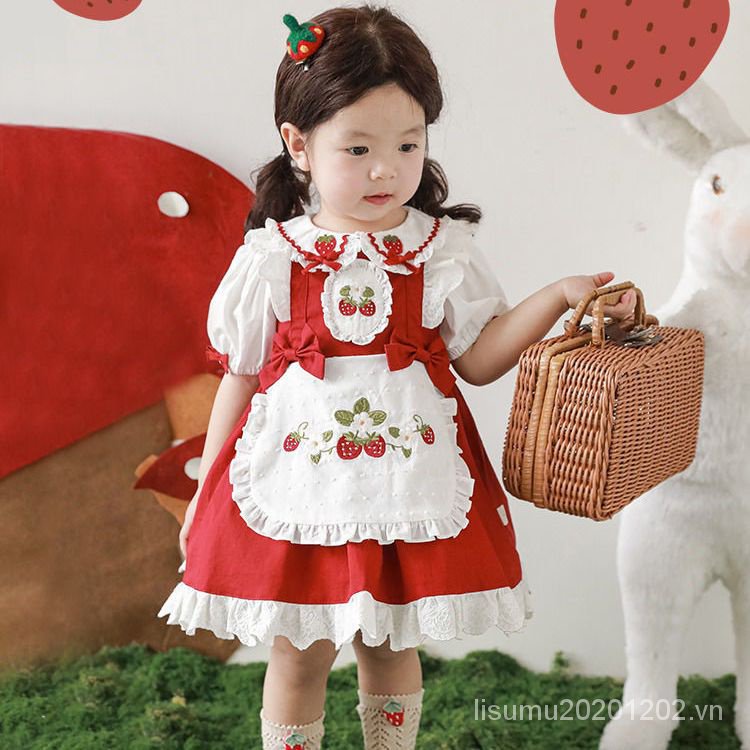 Đầm Công Chúa Thêu Hình Dâu Tây Đính Nơ Thời Trang Mùa Hè Cho Bé Gái
