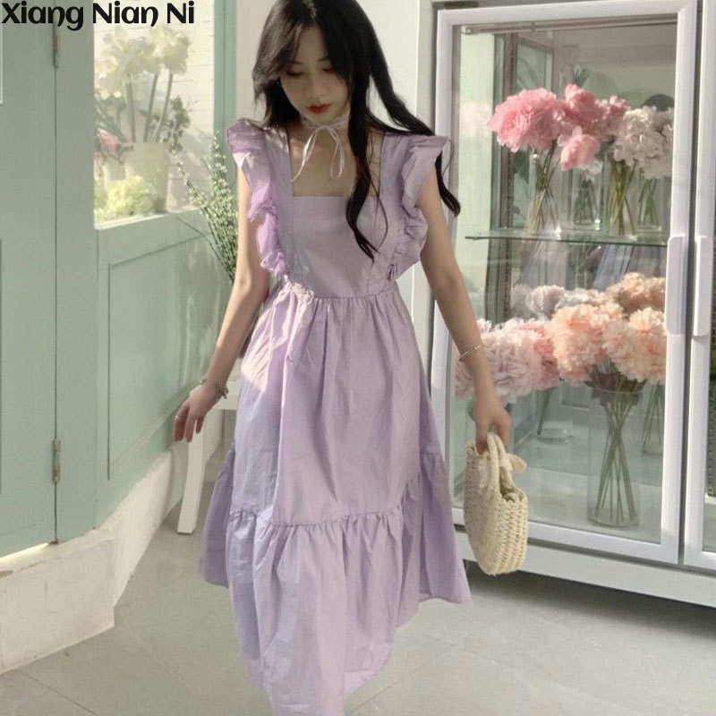 Đầm XIANG NIAN NI tím khoai môn hở lưng cổ vuông tay phồng thắt nơ phong cách Pháp cho nữ
