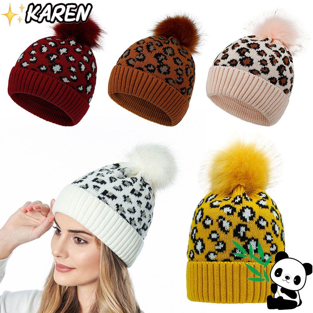Mũ Len Dệt Kim Họa Tiết Da Báo Đính Bóng Lông Thời Trang Cho Nữ
