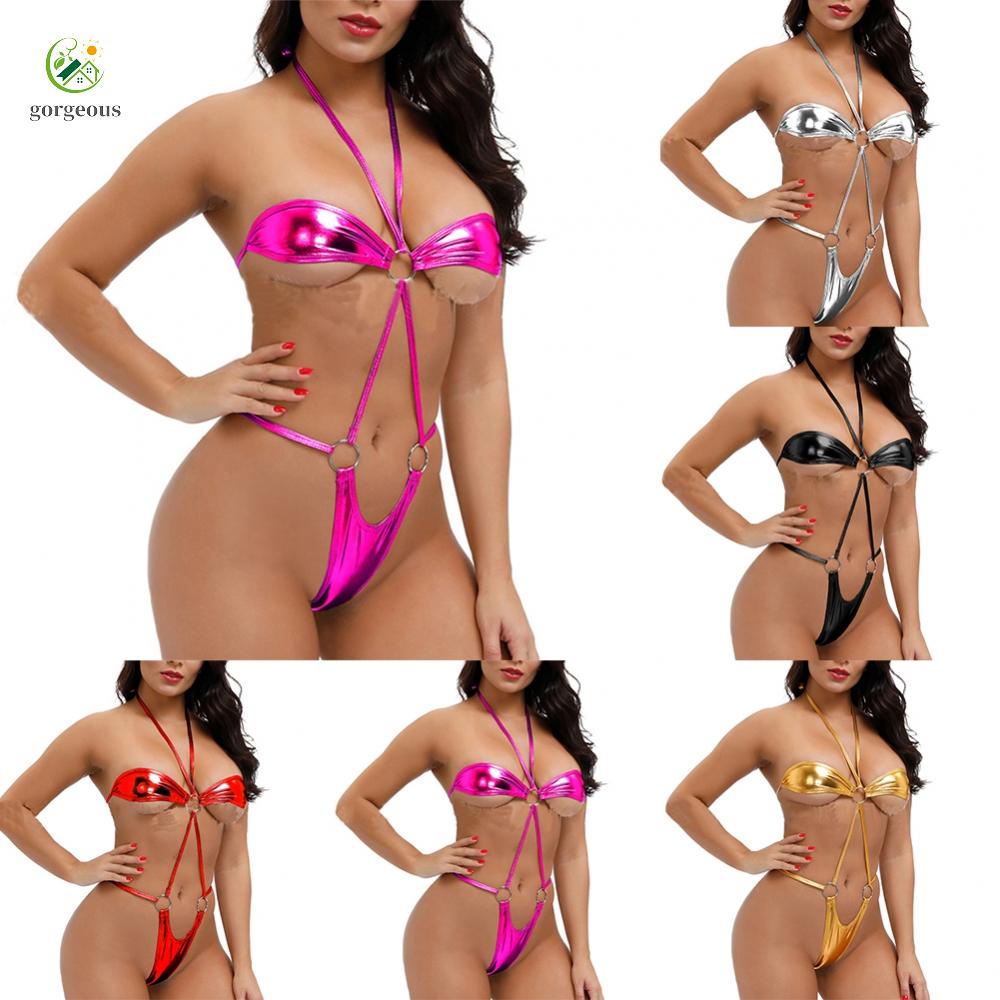 GORGEOUS~Swimwear Women Bikini Halter Lingerie Shiny Underwear Bodysuit Breathable