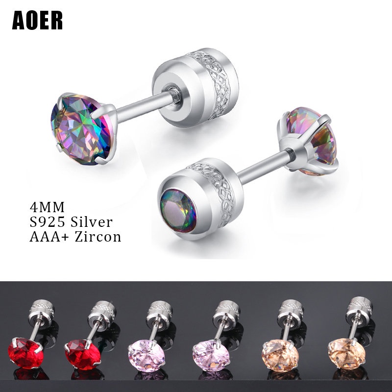 1 Cặp Bông Tai Thép Titan Bạc 925 Đính Đá Zircon Nhiều Màu 4MM Cho Nam Nữ
