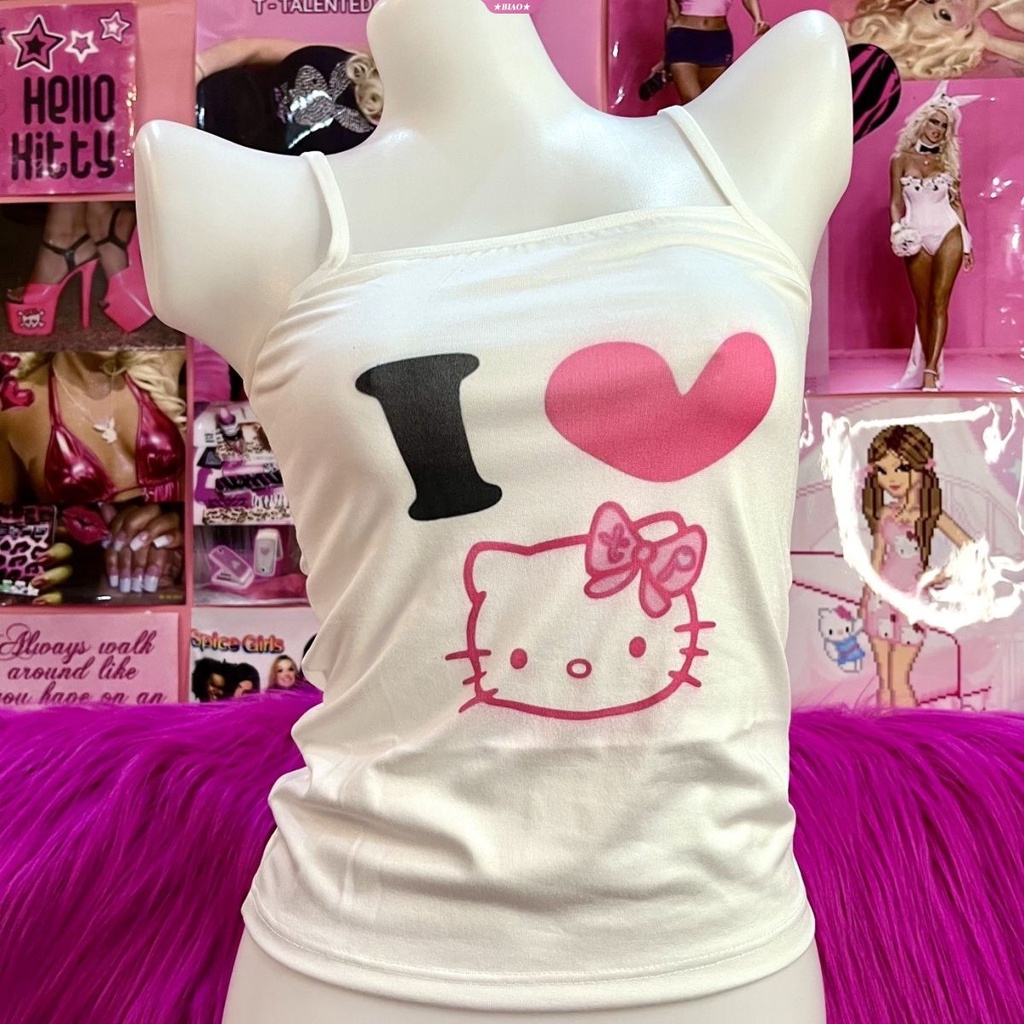 SANRIO Áo Tank Top Hai Dây Co Giãn Mềm Mại In Họa Tiết Hoạt Hình Hello Kitty Y2k Spicy Cho Nữ