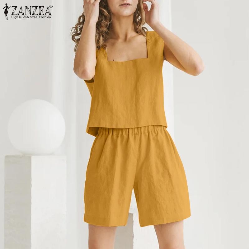 Zanzea Bộ Áo Tank Top Cổ Vuông + Quần Short Lưng Cao Thời Trang Vintage Cho Nữ