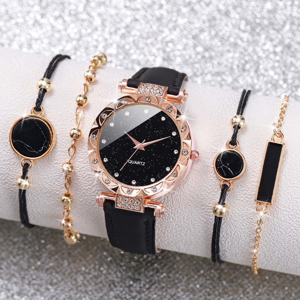 Đồng Hồ Quartz Đính Đá Với Dây Đeo Da Thời Trang