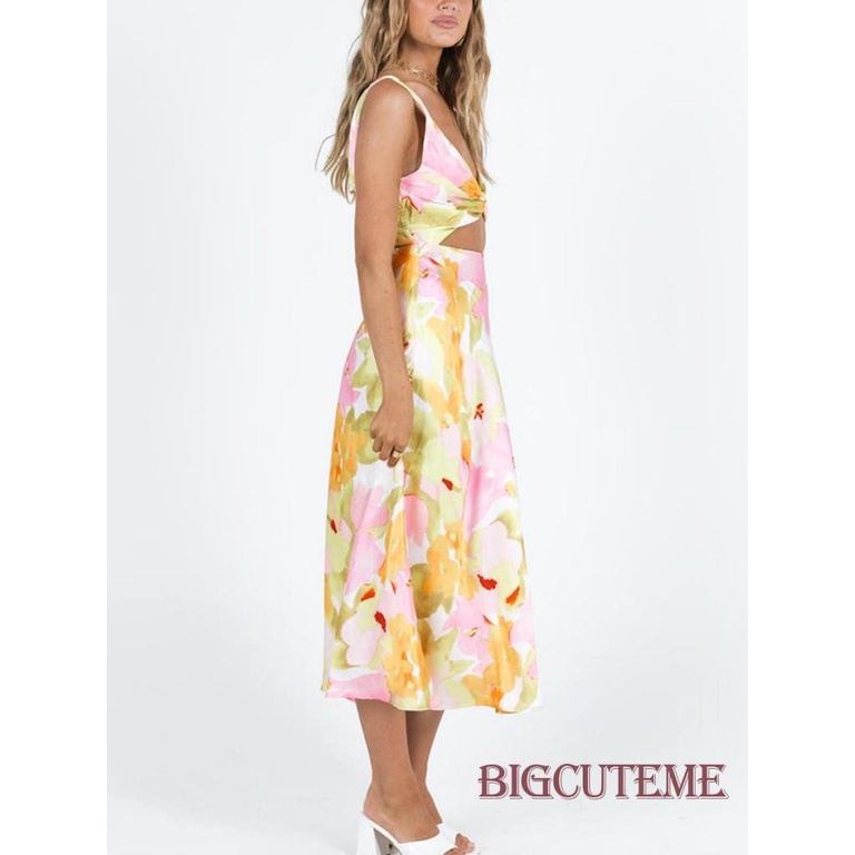 Đầm Dài Không Tay Cổ Chữ V Hở Lưng Họa Tiết Hoa Thời Trang Mùa Hè Cho Nữ