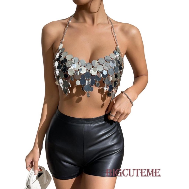 [] - Áo Crop Top Không Tay Đính Kim Sa Bạc Thời Trang Dự Tiệc Cho Nữ