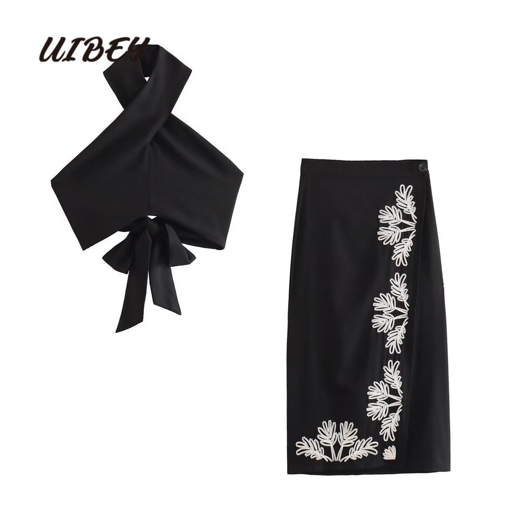 Uibey Bộ Áo Hai Dây + Chân Váy Lưng Cao Thêu Họa Tiết Xinh Xắn 8455