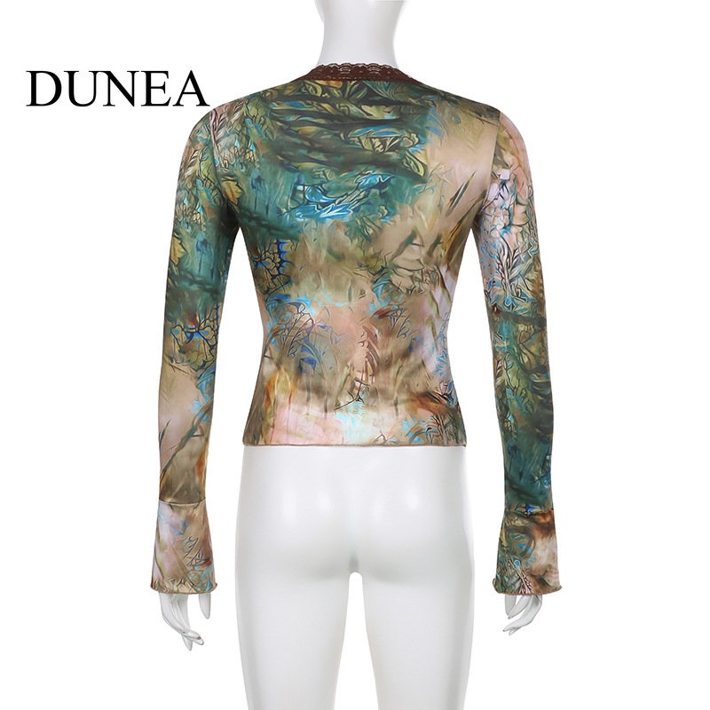 DUNEA Áo Kiểu Nữ Cổ Chữ V Buộc Dây Màu Nâu In Họa Tiết Vintage