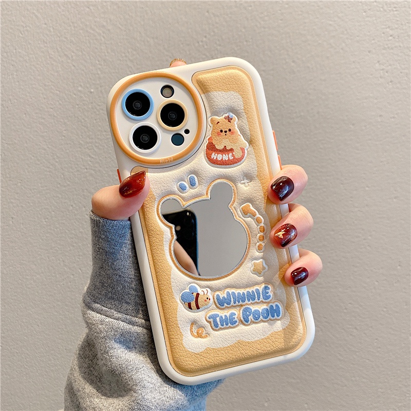 Ốp Điện Thoại Da Silicon Mềm Chống Sốc Gắn Gương Hình Gấu / Thỏ Cho iPhone 14 13 12 11 Pro Max 14 Plus