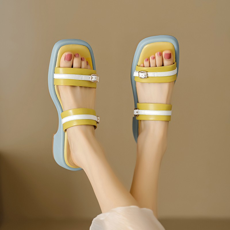 Tóc Thẳng Duoya ~ [Hàng Có Sẵn] Dép Da Mềm Đế Dày Vừa Vặn Màu Sắc Hình Vuông Thời Trang Xuân Hè